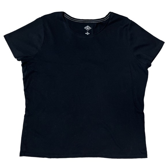 St John's Bay Super Black Essential Tee Short Sleeve Ribbed Crewneck XL Cotton - Picture 2 of 6